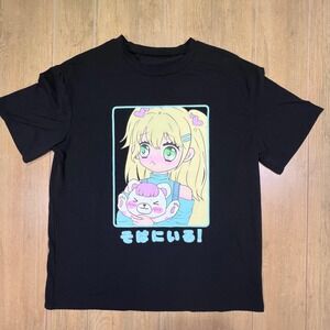 Romwe Mens Small Black Anime Girl Graphic T-Shirt Kawaii Japanese Streetwear S